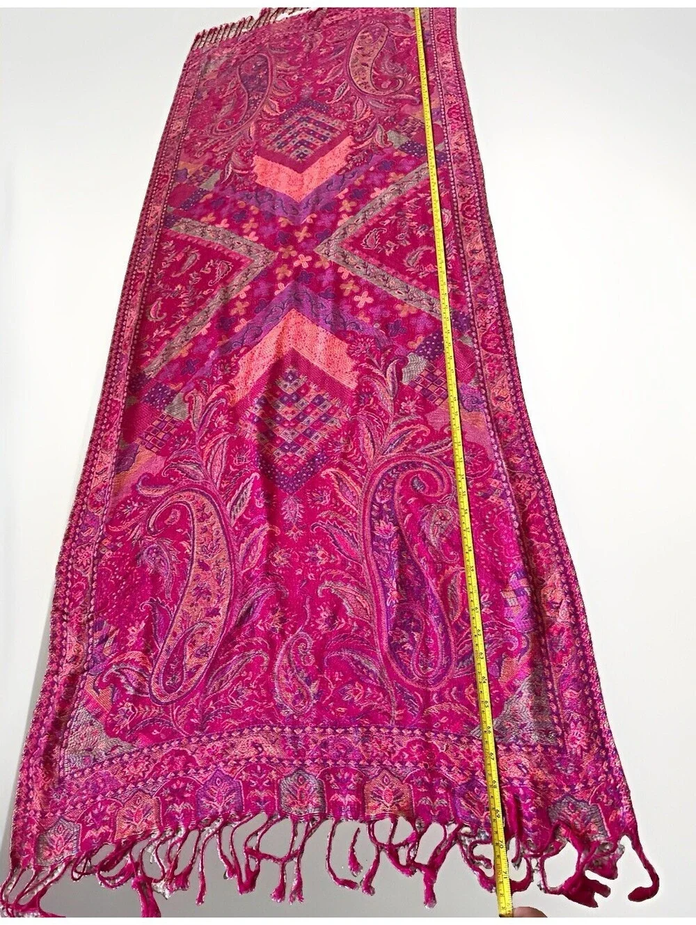 VTG Pink Paisley Pashmina Scarf Wrap Shawl Fringe Bohemian Boho Jacquard Warm